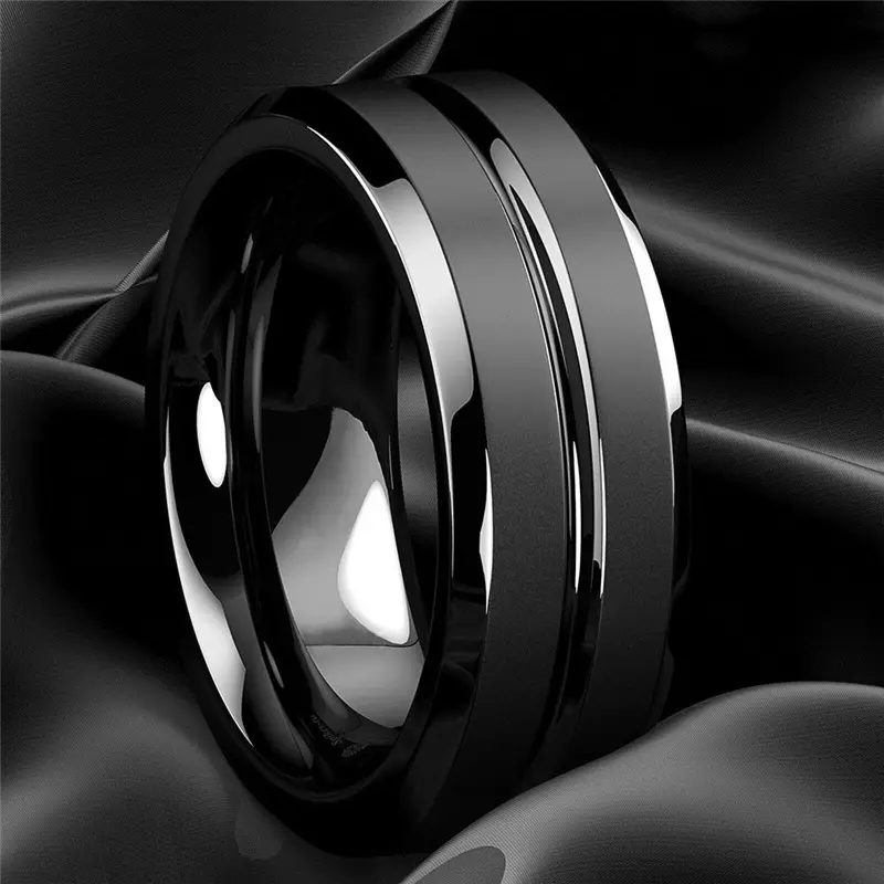 8mm Men's Ring Jewelry Black Groove Matte Stainless Steel