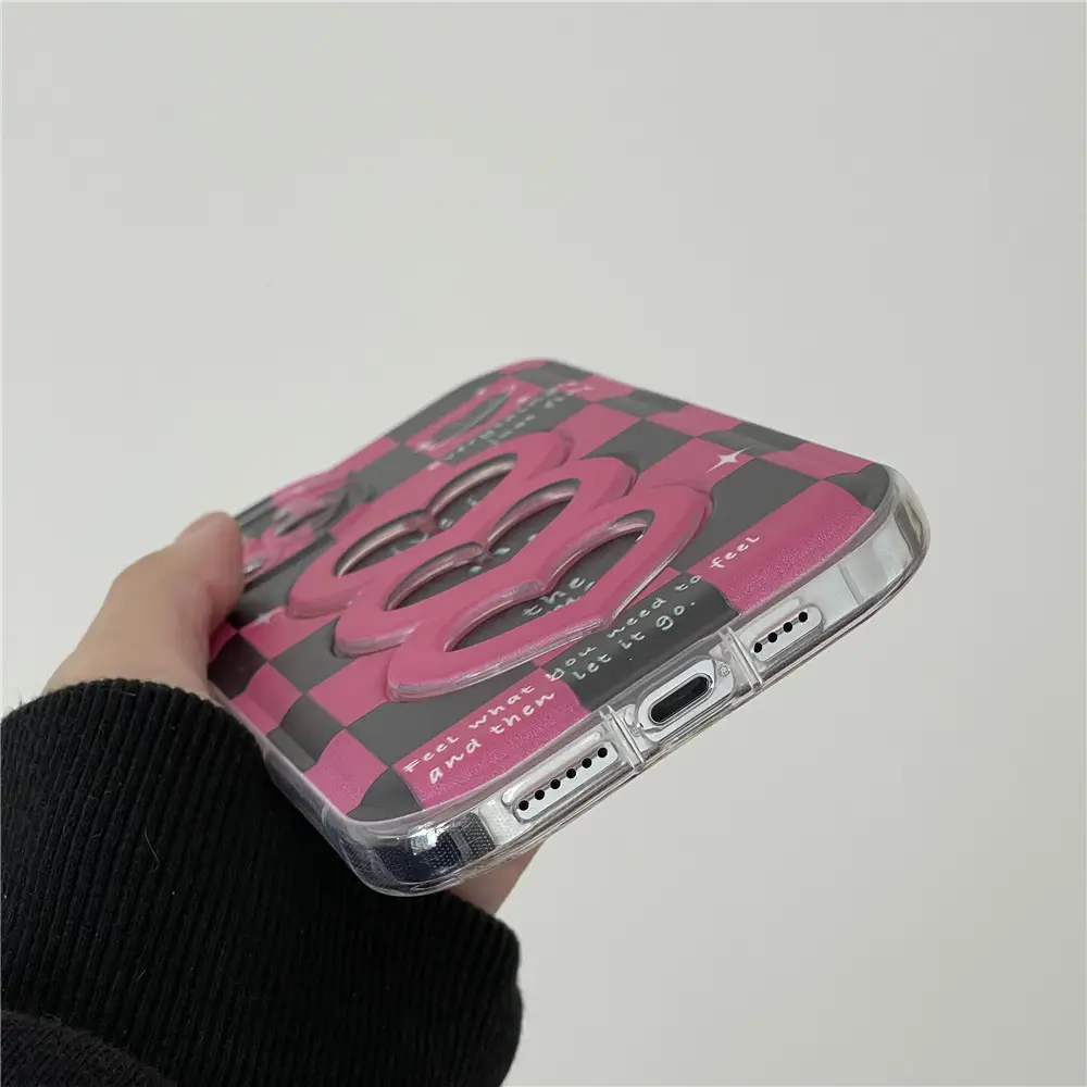 Plaid Letter Phone Case Cartoon Love Wrist Strap