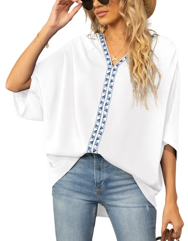 Bat Sleeved V neck Short Sleeved Shirt White - Shop at LoveMi