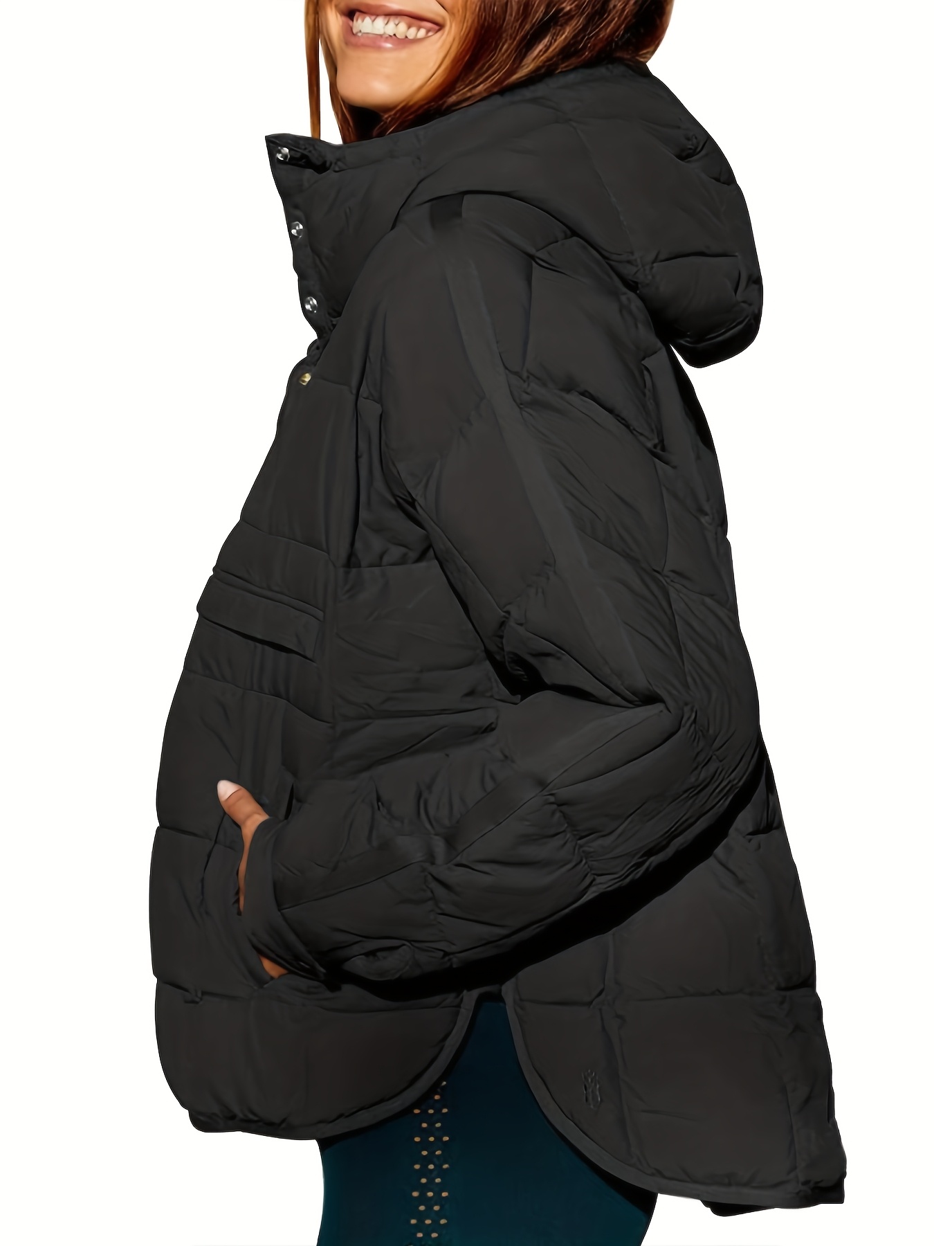 European And American Minimalist Style Plus-size Winter New Top, Hooded Pullover Basic Design, Half-open Snap Button Closure, Small Side Slits, Everyday Versatile Anti-cotton Jacket
