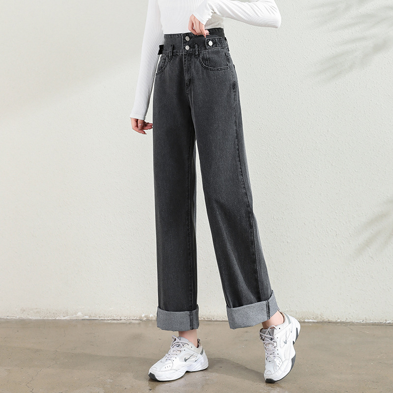 Women's Double Breasted Straight Jeans High Waist