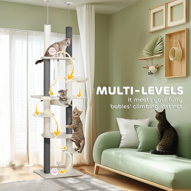 PawHut Floor To Ceiling Cat Tree With Scratching Posts, Hammock, Perches & Toy Balls, White