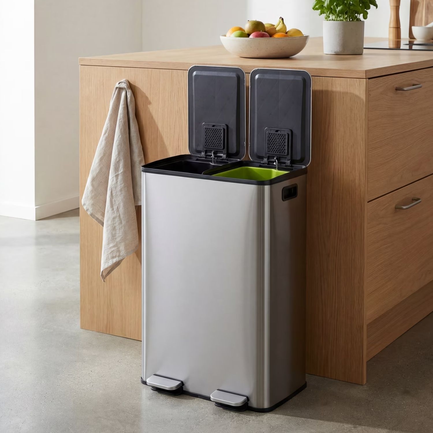 Dual Bin Trash Can, Foot Pedal Kitchen Recycling Bin, Soft-Close Lid And Removable Inner Buckets, Fingerprint-Proof view 2