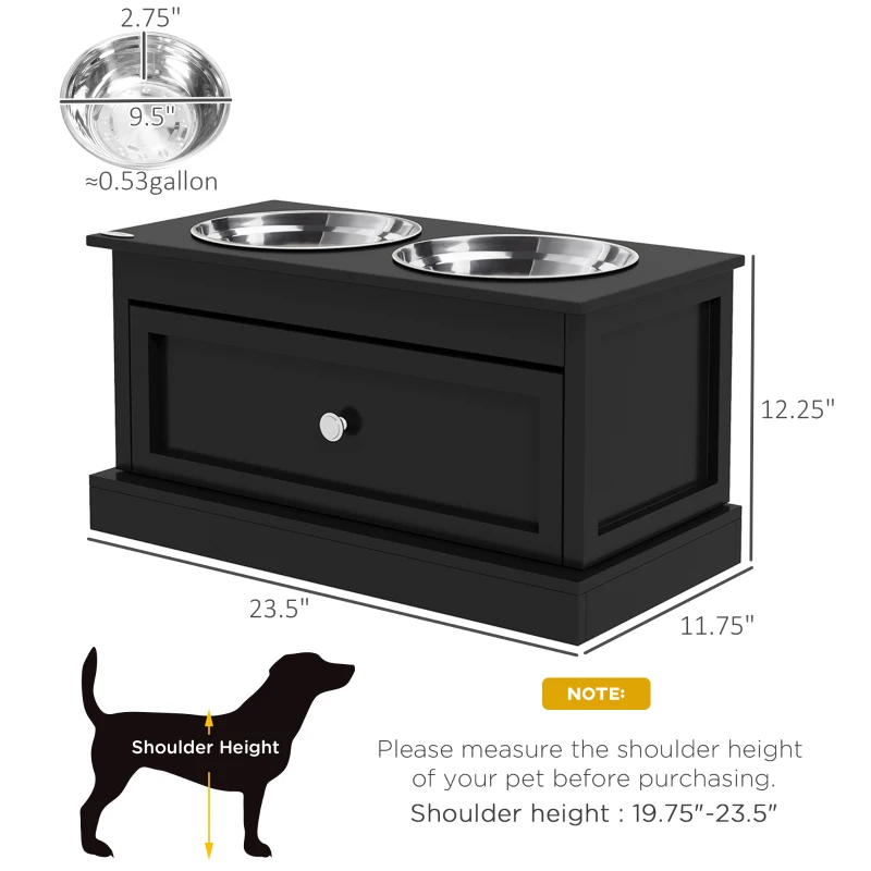 Dog Bowls With Storage Drawer, Raised Dog Bowl Stand Pet Food Bowl Dog Feeding Station, Black