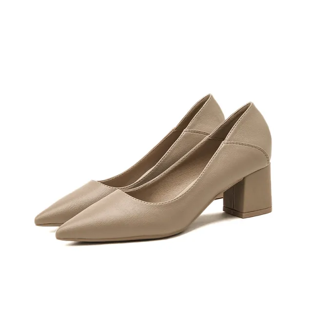 Pointed Toe Thick Heel Shallow Mouth High Heels Soft Leather Khaki - Shop at LoveMi