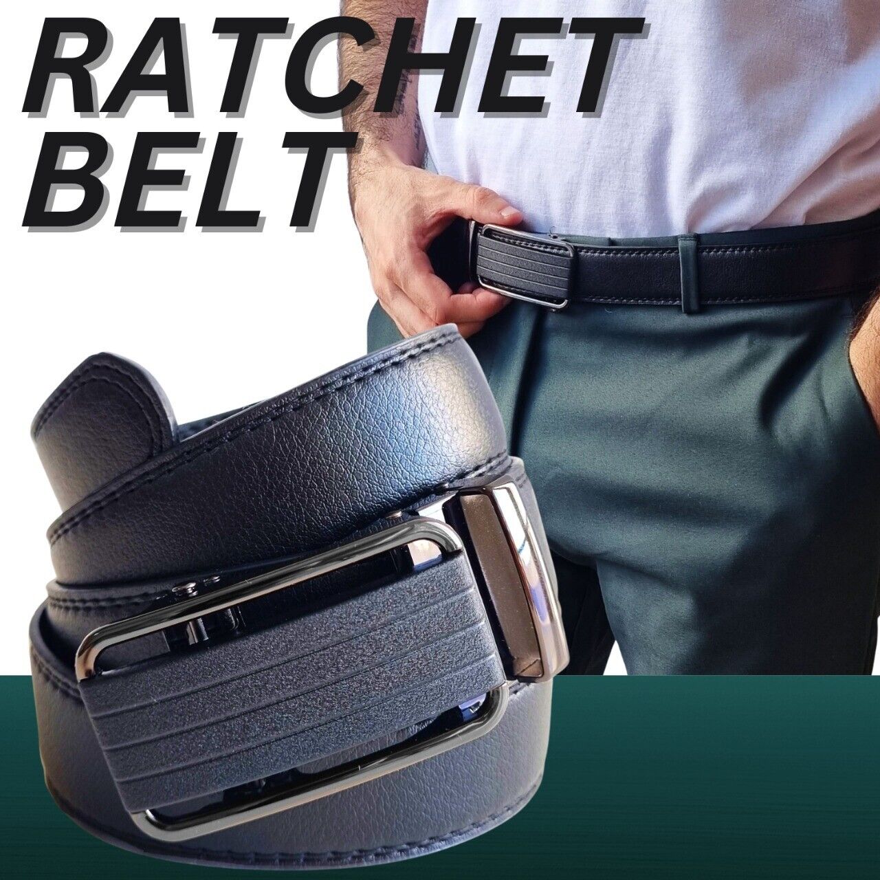 Men's Microfiber Leather Ratchet Belt with Slide Buckle, shipping details, features, and benefits of the product.