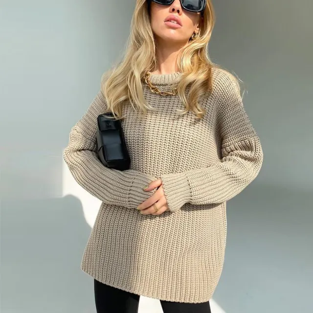 Women's Solid Color Casual Loose Long Sleeve Round Neck Sweater Khaki - Shop at LoveMi