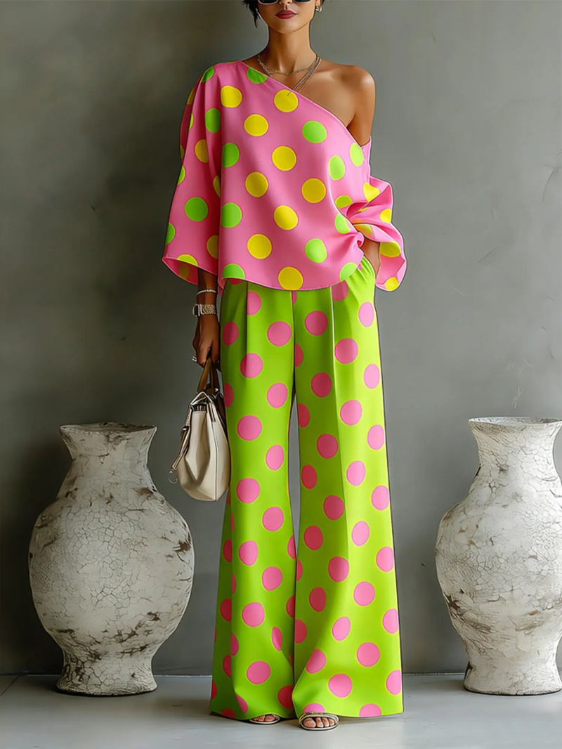 Bohemian Off-Shoulder Printed Top & Wide-Leg Pants Two-Piece Set