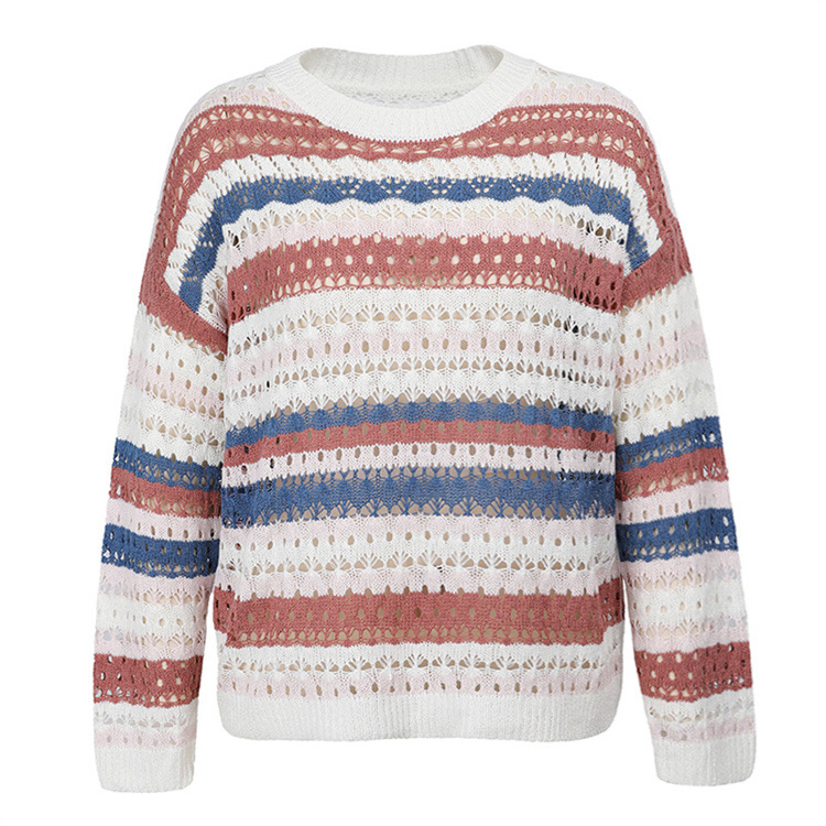 Title 2, Hollow Knitted Sweater Color Stripe Stitching R...