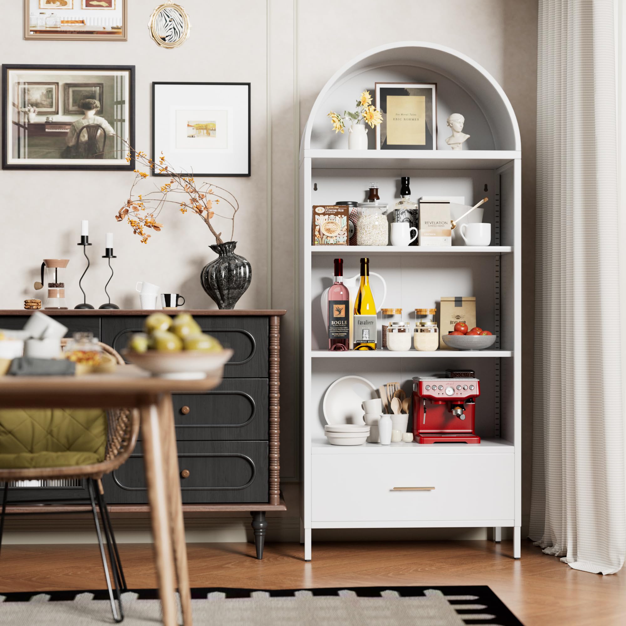 72.83inch H Metal Arched Bookshelf Cabinets,Arch Bookshelf With Drawer For Home Office, Assemble Require, White
