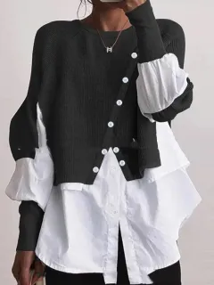 Crew Neck Long Sleeve Knitted Multi-colour Patchwork White Shirt Women's - Black - View 1