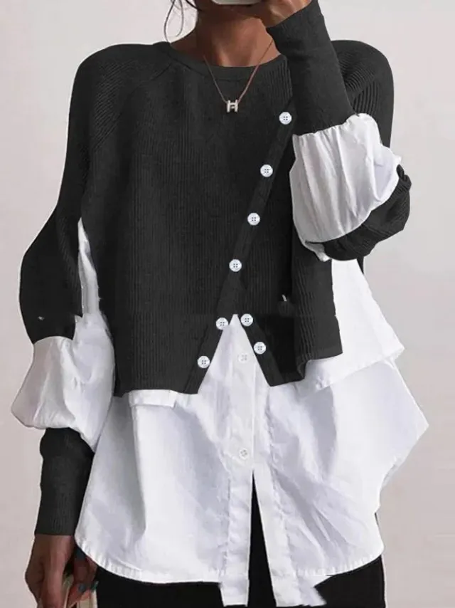 Crew Neck Long Sleeve Knitted Multi color Patchwork White Shirt Women's Black - Shop at LoveMi