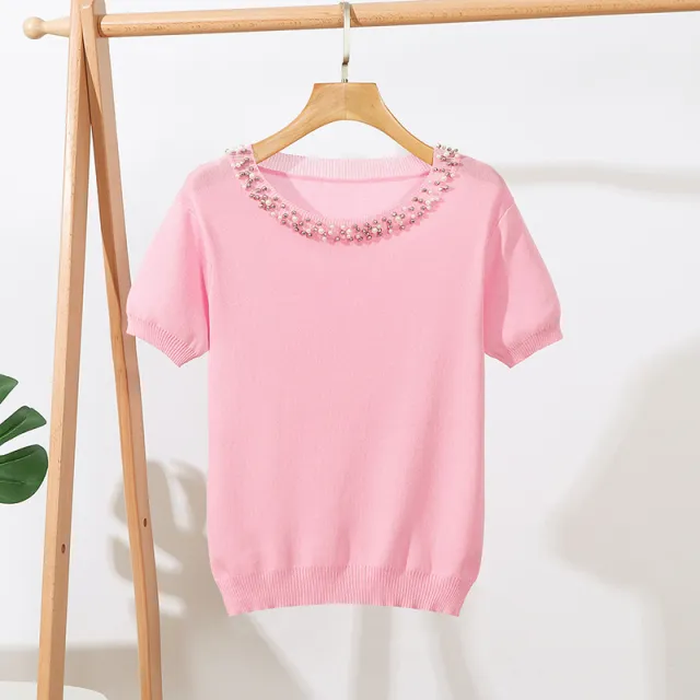 New Solid Color Beaded Short Sleeve Loose Round Neck Pullover Top Pink - Shop at LoveMi