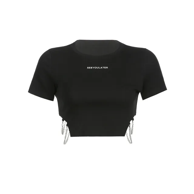 Black Waist Side Drain Chain Letter Shirt Black - Shop at LoveMi