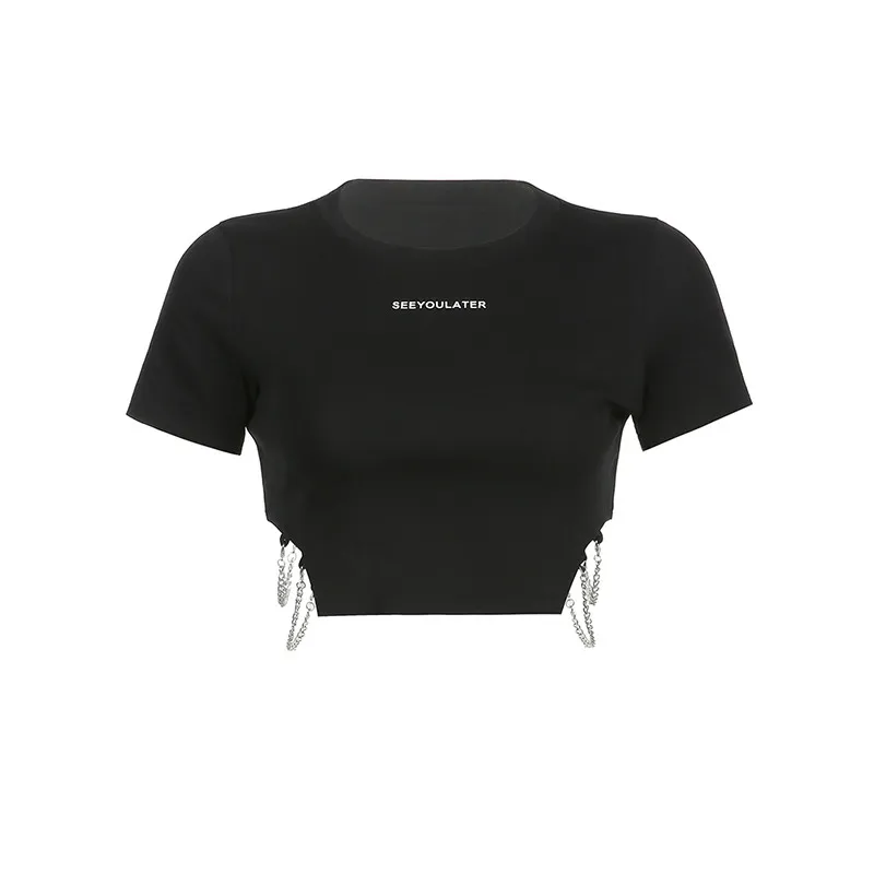 Black Waist Side Drain Chain Letter Shirt - Black