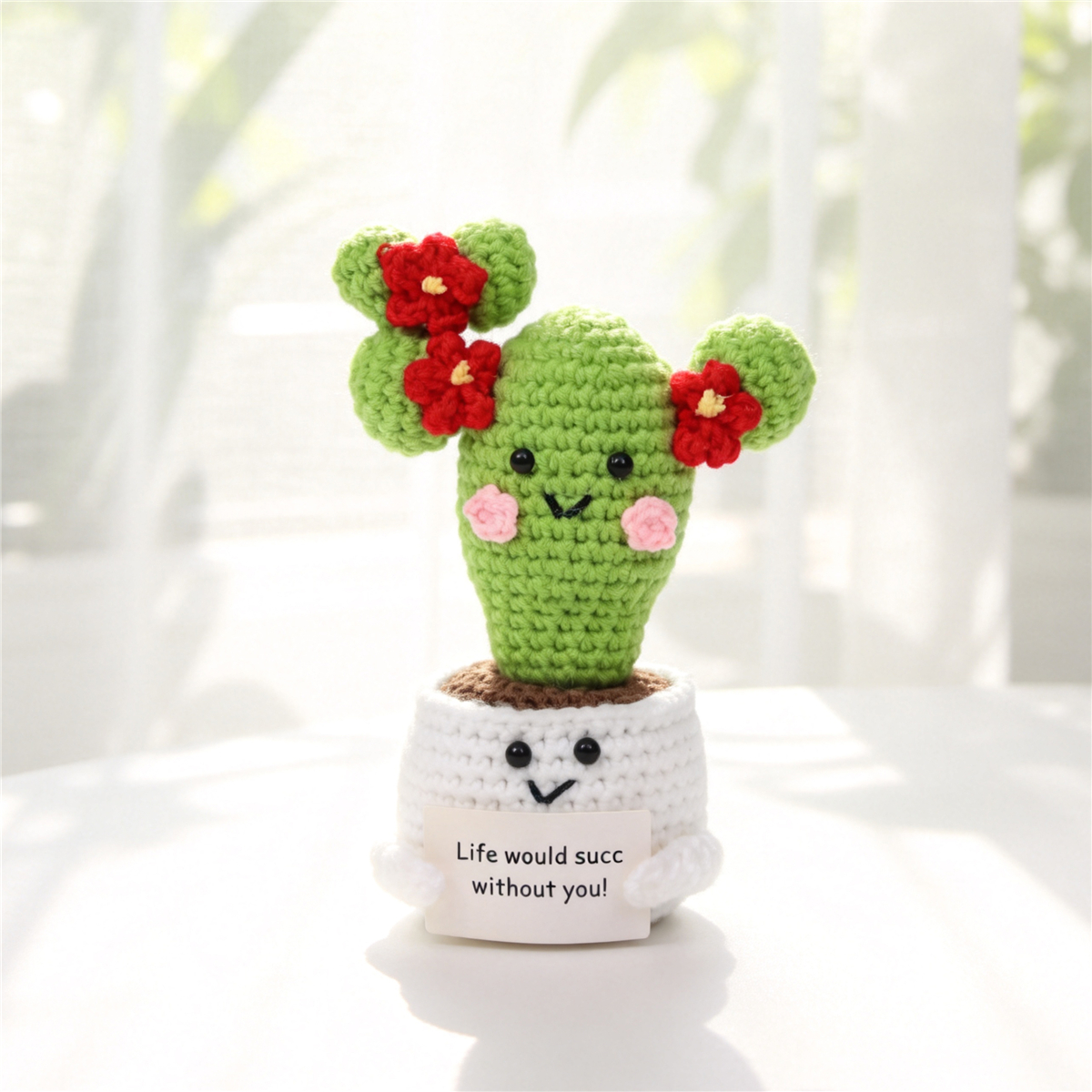 Handmade Crochet Cactus Pot Ornament With Bright Red Blossoms Soft Yarn Everlasting Crochet Plant With Message Card Indoor Home Tabletop Decorative Ornament