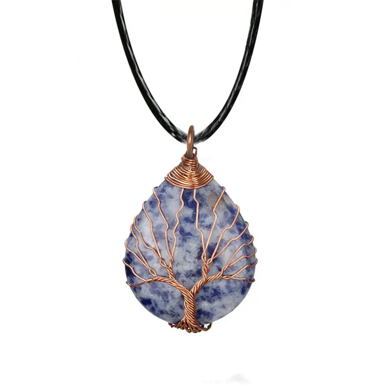 European And American Water Drop Tree Of Life Crystal Rough Stone Handmade Pendant Necklace