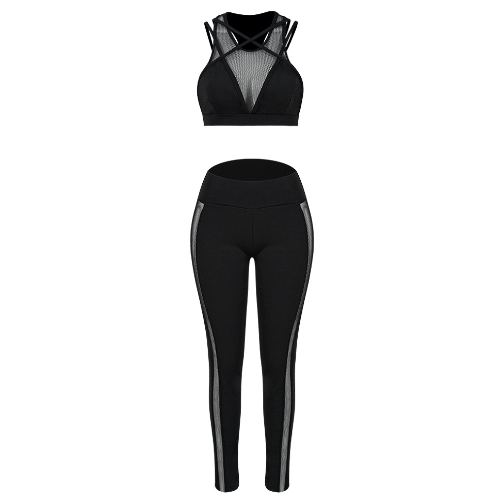Sexy Mesh Cross-Strap Hollow Yoga Suit for Women