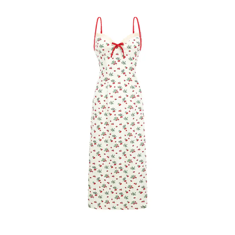 French Retro Country Satin Printing Slip Dress Cardigan Suit Skirt