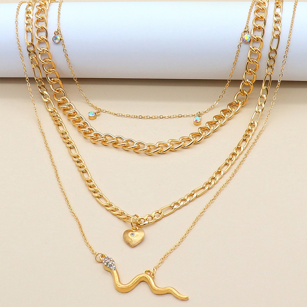 Fashion Retro Punk Style Love Snake Color Diamond Pendant Multilayer Necklace