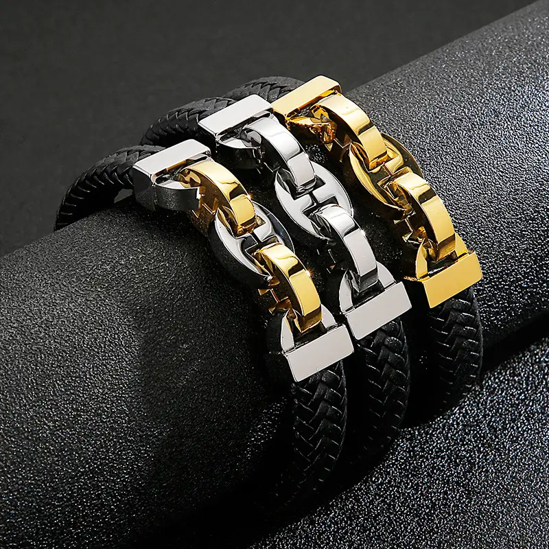 Men's Titanium Steel Cowhide Braided Bracelet Jewelry
