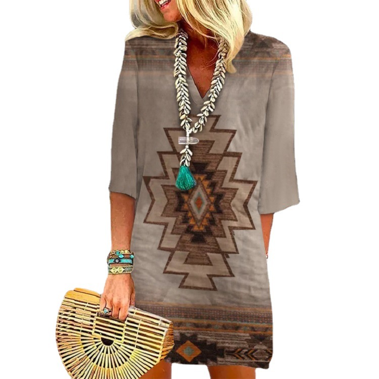 Women's Loose V-Neck Printed Short Sleeve Dress