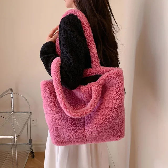 Women's Designer Luxury Plush Bag Winter Fashion Cute Tote Handbags Large Capacity Portable Single Shoulder Furry Bags Rose - Shop at LoveMi