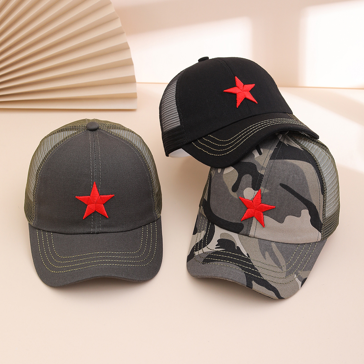 Embroidered Five-pointed Star Military Green Mesh Baseball Cap, Personalized And Casual Camouflage Canvas Baseball Cap, Fashionable And Versatile