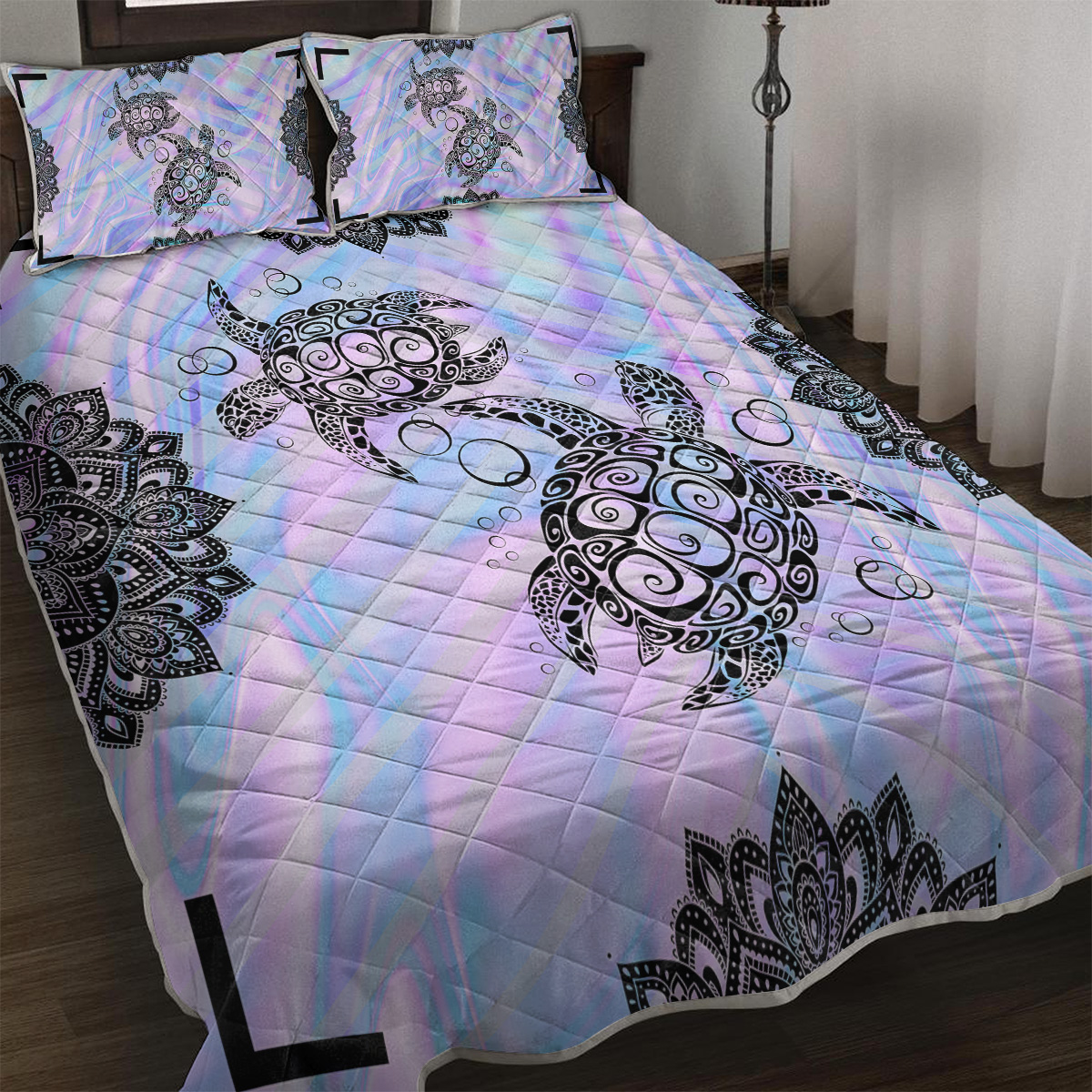 Sea Turtle Quilt Set 3 Piece, Lightweight Microfiber Coverlet Mandala Turtle Bedspread Purple Blue Bedspread Set,1 Quilt, 2 Pillow Shams