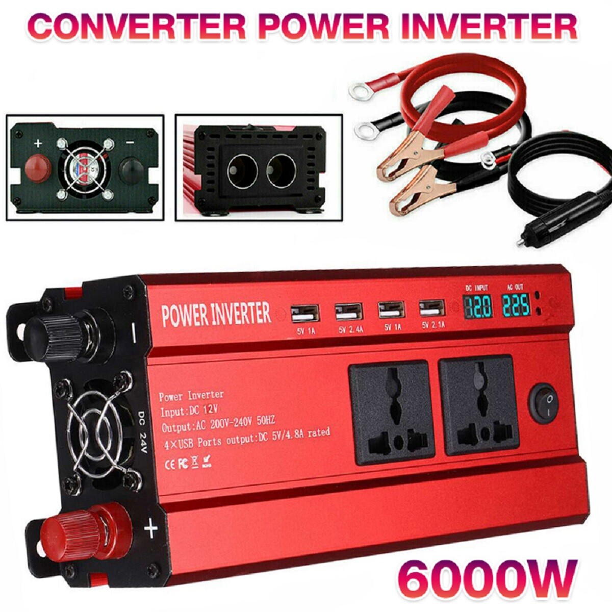 6000W Car Power Inverter Converter DC 12V To AC 240V 4 USB 2 UK Socket Sine Wave 7