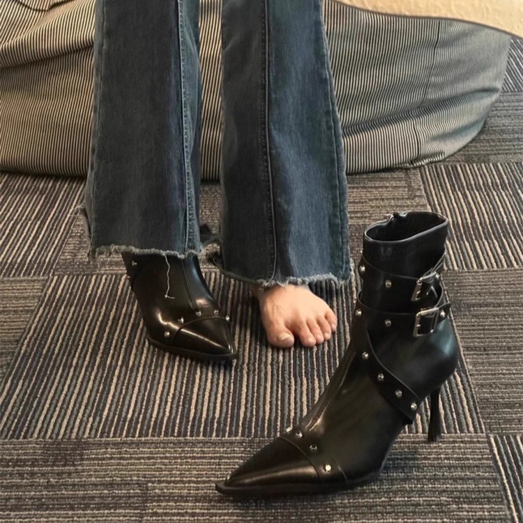 Women Punk Rivet Strap Pointed Toe Stiletto Ankle Boots, Retro Side Zipper Slim Fit High Heel Fashion Booties For Fall Winter