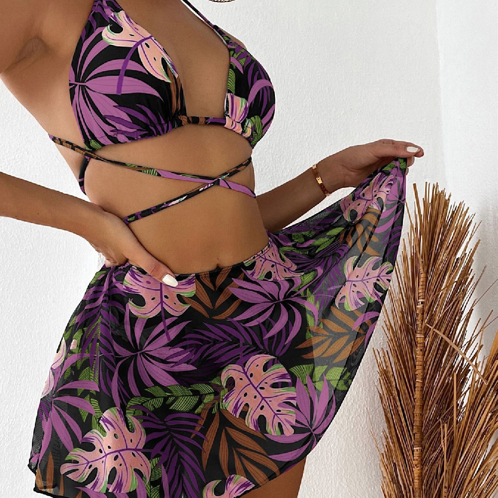Leaf Print Bikini Women's Three-piece Two-piece Swimsuit - Image 4