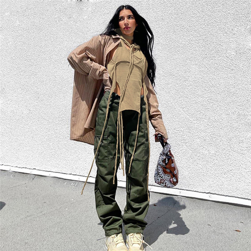 Long Sleeved Hooded Personality Strap Slim Navel T-shirt