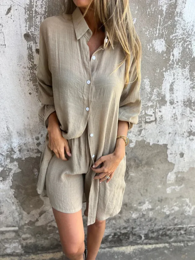 Loose Long sleeved Shirt Suit With Lapel Button Tops And Elasticated Shorts Fashion Casual Clothing For Women Khaki - Shop at LoveMi