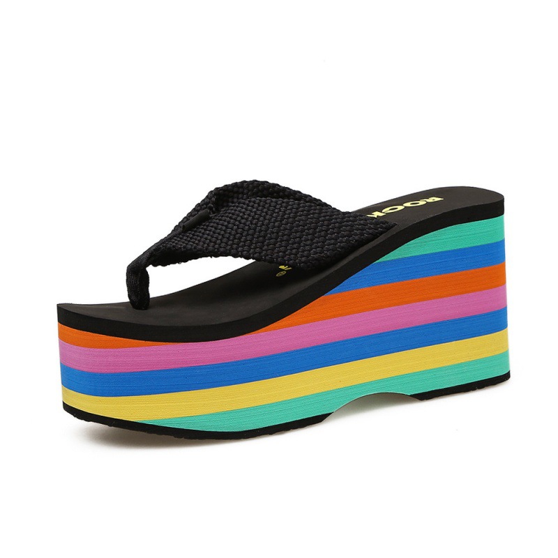 Rainbow Platform Sandals Super High Heel Flip flops Black - Shop at LoveMi