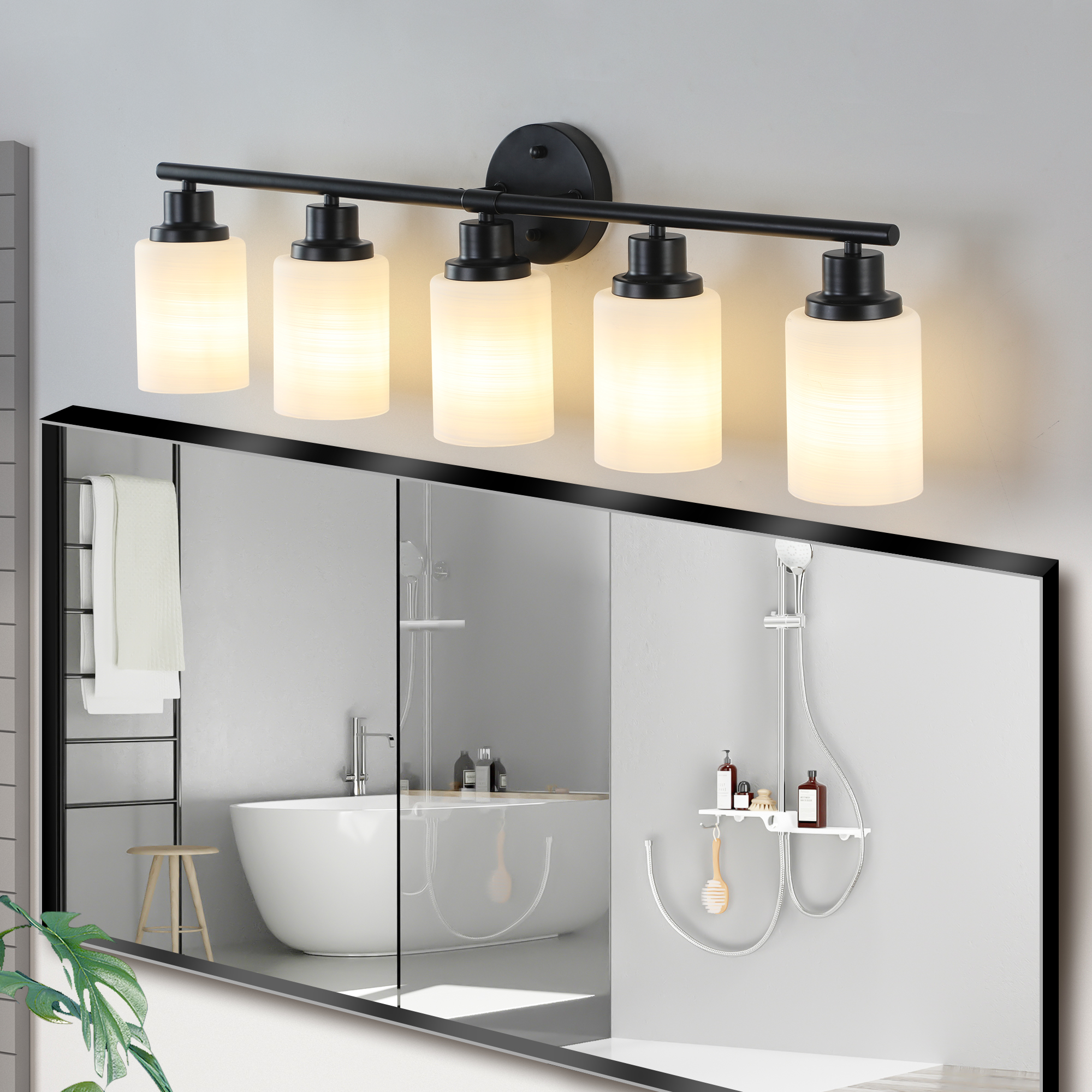 31 Modern 5-Light Vanity Bathroom Mirror Light, Frosted White Glass With Black Iron Frame, Contemporary Wall Sconce For Bedroom, Bathroom, And Dressing Room Bulb Not Included_voghion.com