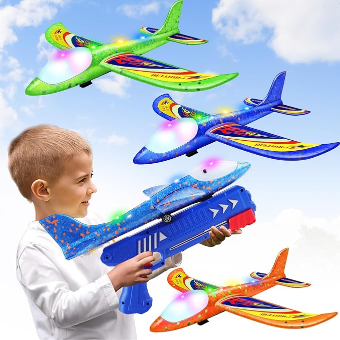 3-Pack Foam Airplane Launcher Toys With Two Flight Modes, Outdoor Glider Planes For Kids