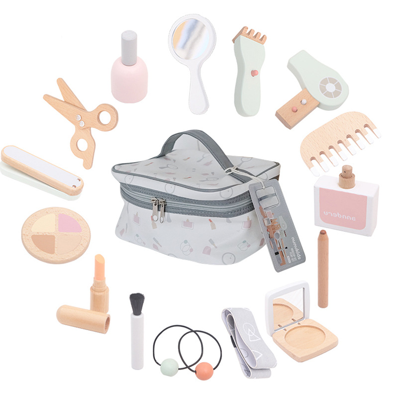 Giocattoli per trucco per bambini, taglio di capelli, giocattolo in legno, simulo, spazzola, profumo, ragazza, casa, borsa, set.