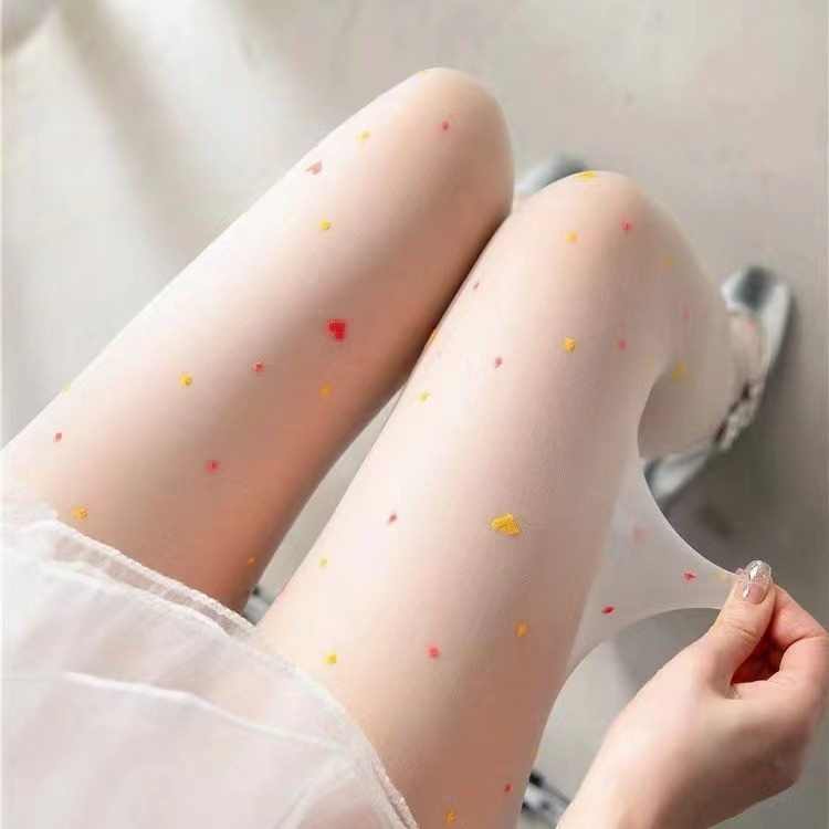 Japanese Style Colored Love Heart Pantyhose, Pure Desire White Stockings For Women, Summer Sexy Ultra-Thin Black Silk, French Jacquard Bottoming Socks