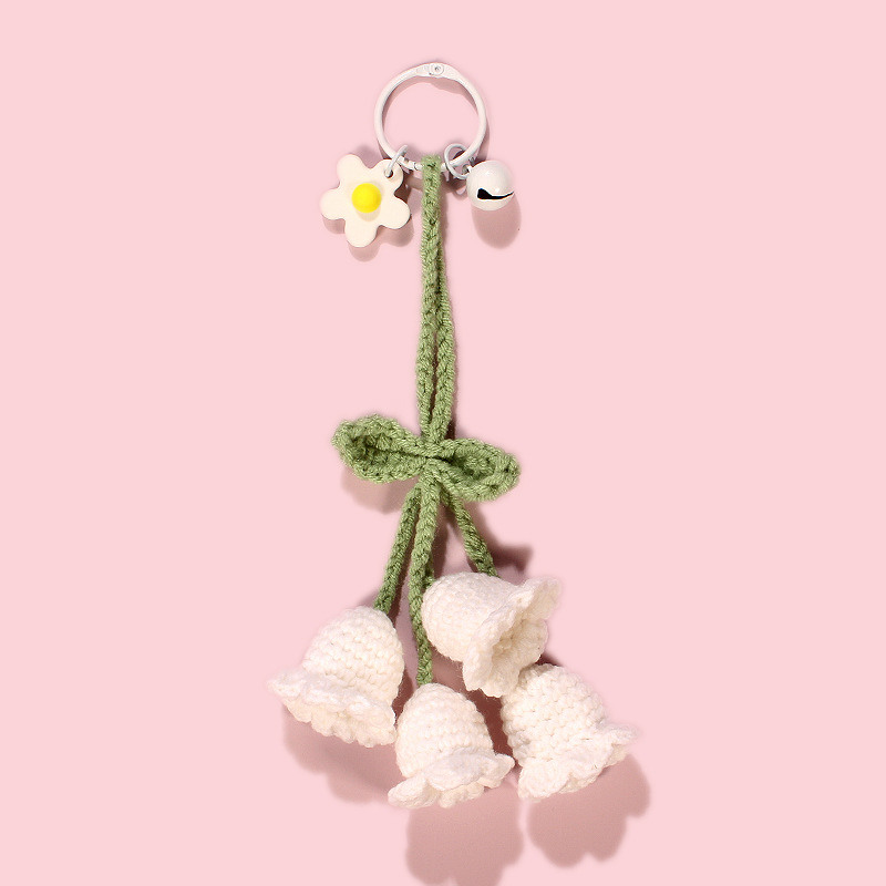Hand made Hook Braided Woolen Thread Lily Of The Valley Keychain White - Shop at LoveMi