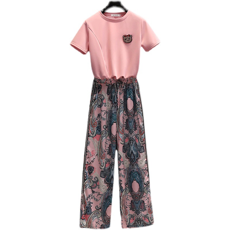 Slim T-shirt Fashion Wide Leg Pants Two Piece Suit