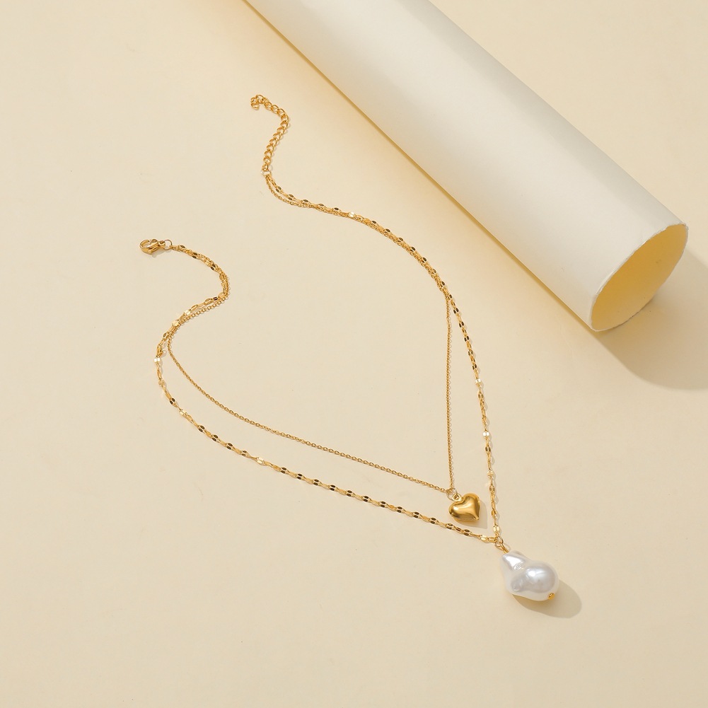 Baroque Shaped Pearl Pendant Fashion Titanium Steel True Gold Love Neckchain Double Layer Necklace