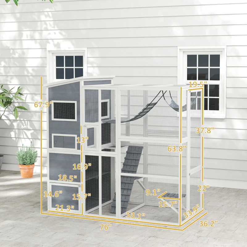 Large Wooden Catio Outdoor, Cat Enclosure W 4 Tier Resting Rooms, 3 Platforms, 1 Soft Ladder, 2 Ramps, 1 Hammock, Gray