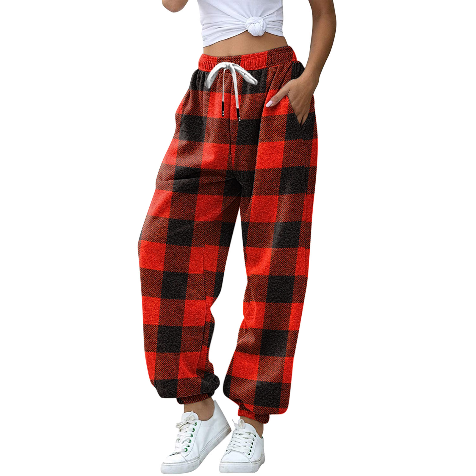 Christmas fleece plaid print pleated volley sweater pants Red - Shop at LoveMi