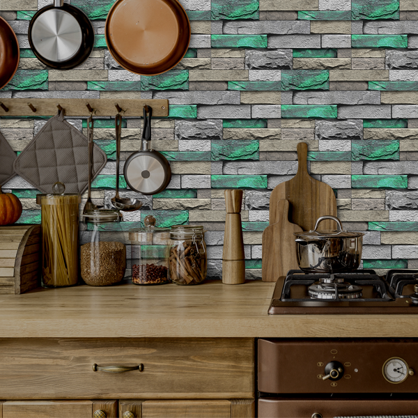 PVC Green Brick And Stone Pattern Self-adhesive Wallpaper, Removable Without Leaving Glue, Peel And Stick Wallpaper_voghion.com