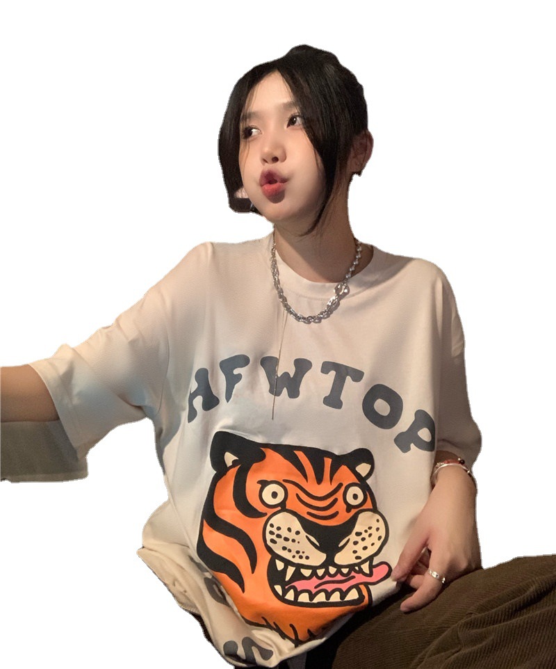 Striped Cotton Loose Fitted Crewneck Lettering Short Sleeve T-Shirt