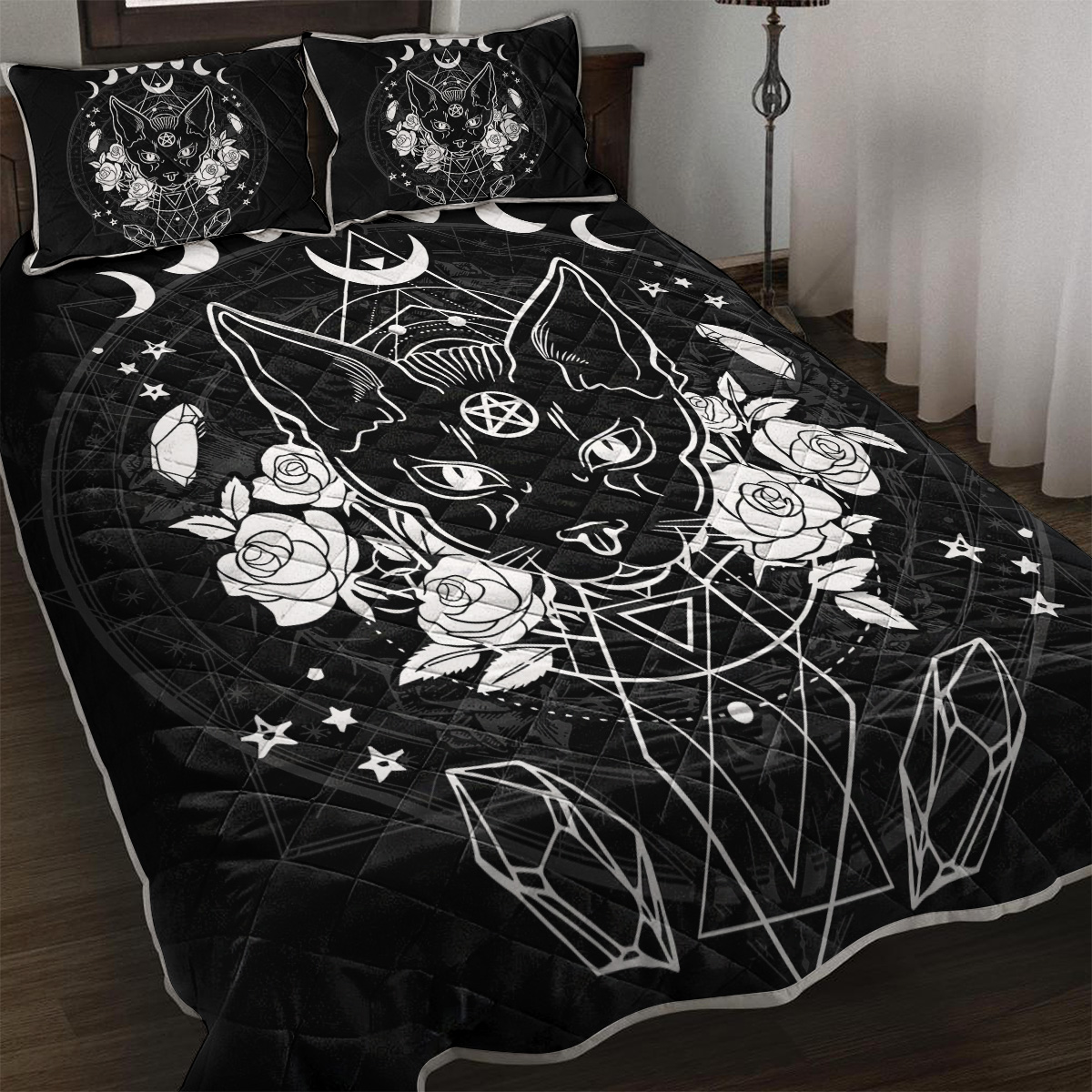 3-Piece Cat Printed Quilt Set Soft Microfiber Lightweight Bedspread Coverlet Black And White Coverlet With 2 Pillow Shams