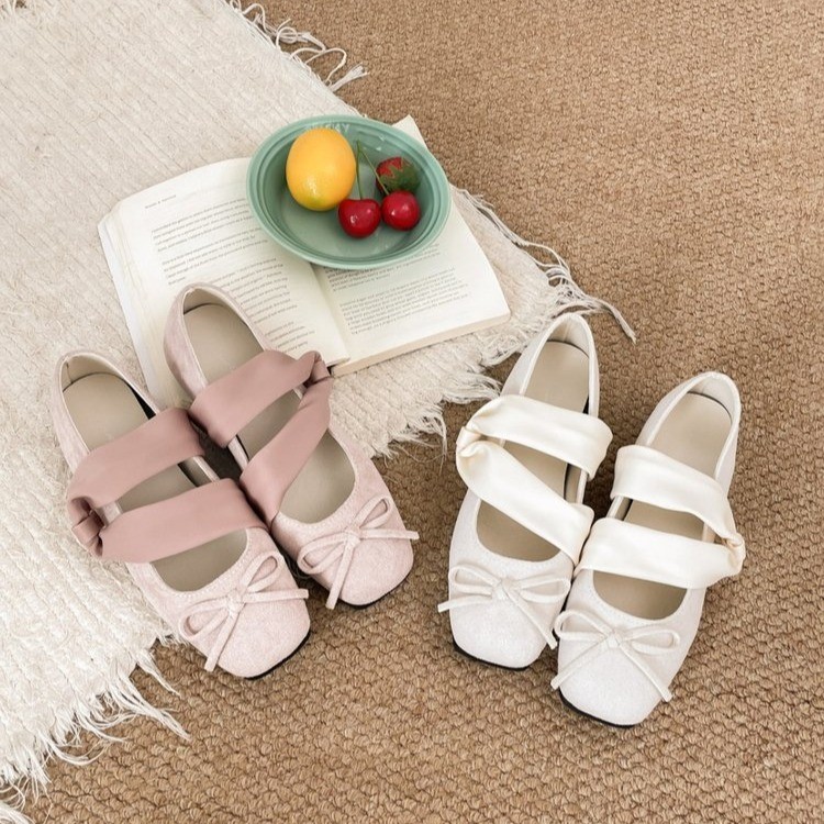 Women Fairy Sweet Double Wide Satin Crisscross Strap Mini Bow Ballet Flats