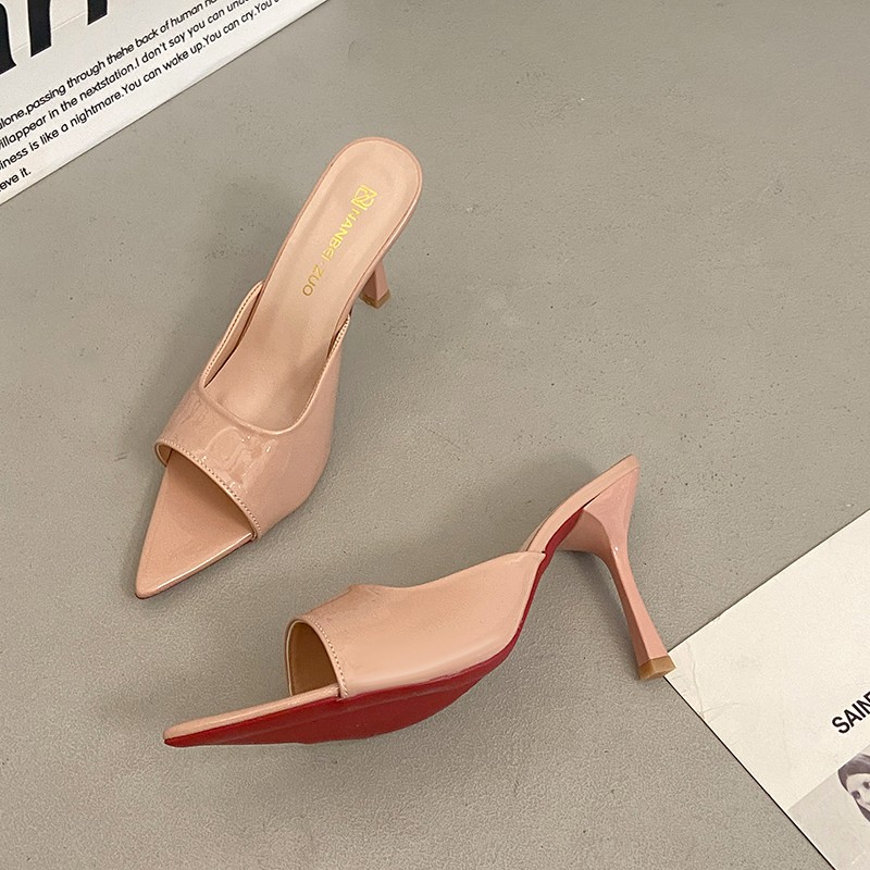 Women's Summer New Pointed Toe Stiletto Heel Sandals, Patent Leather Slip-On Heels
