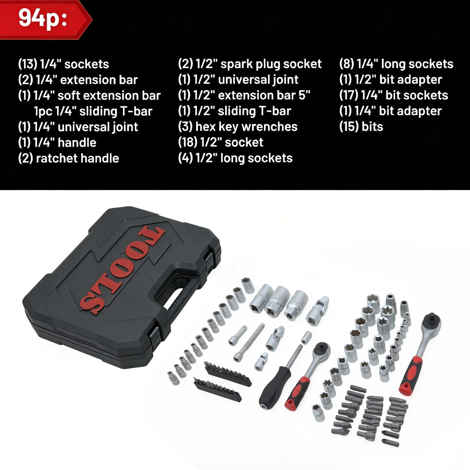 94 Piece 1 2  & 1 4 Drive Socket Set Screwdriver Ratchet Bits Wrench Tool Kit — foto 2